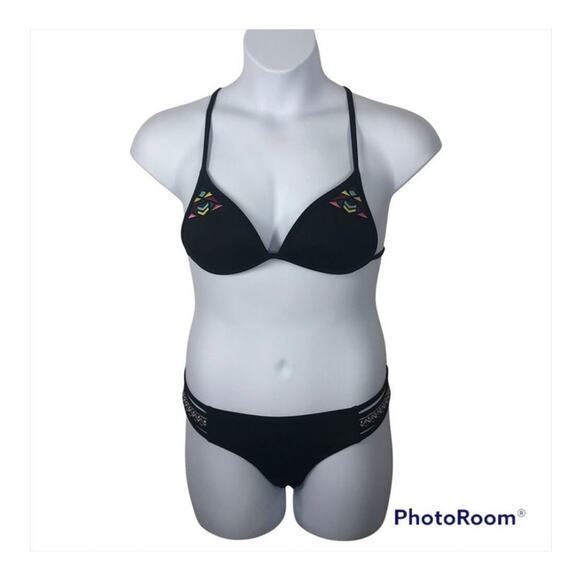 PINK Victoria’s Secret Tribal Embroidered Bikini Set S/M Black EUC - Picture 2 of 16